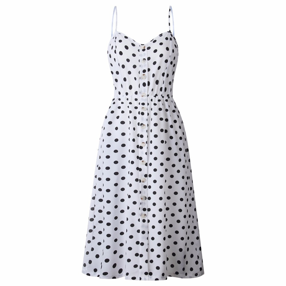 Vintage boho sundress by The Clothing Company Sydney featuring polka dots, stripes, button back, and floral details for summer.