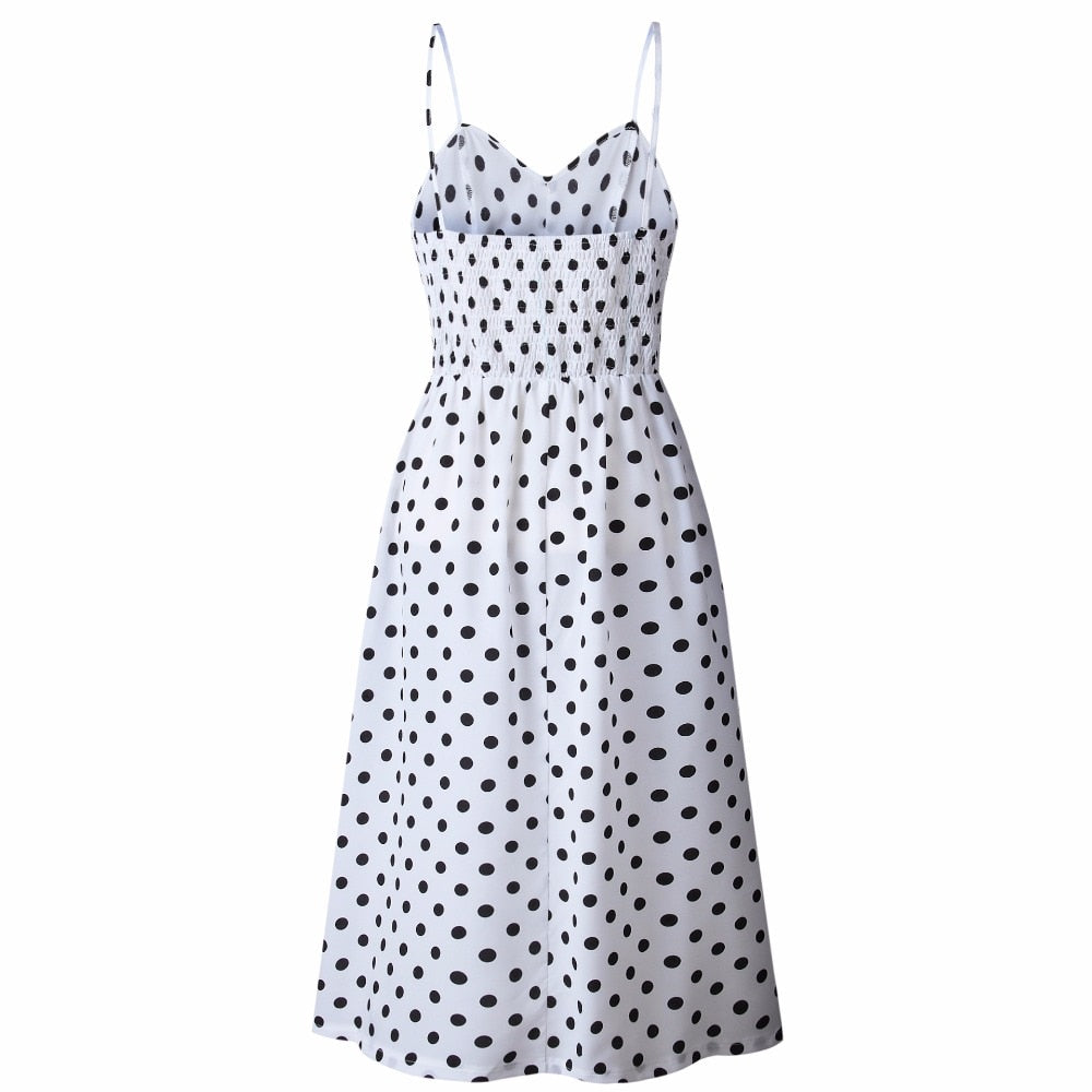 Vintage boho sundress by The Clothing Company Sydney featuring a polka dot and striped floral design, backless midi style for summer.