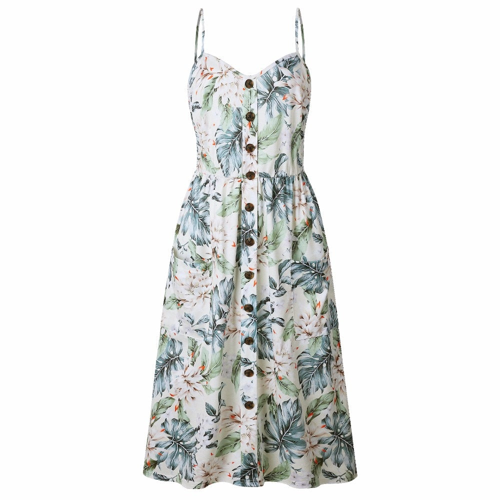 Vintage boho sundress from The Clothing Company Sydney with polka dots, stripes, floral pattern, midi length, backless, and button details.