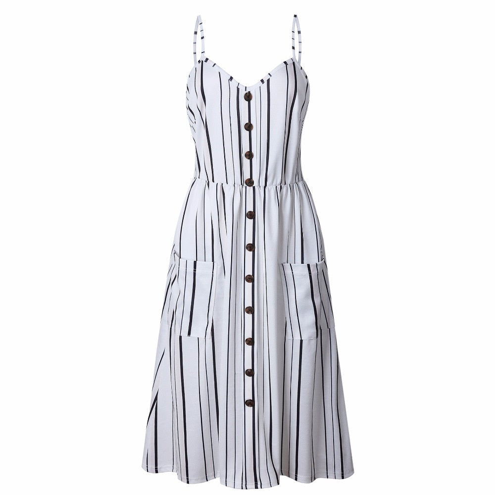 Vintage boho sundress by The Clothing Company Sydney with polka dots, stripes, midi length, button back, and floral summer style.