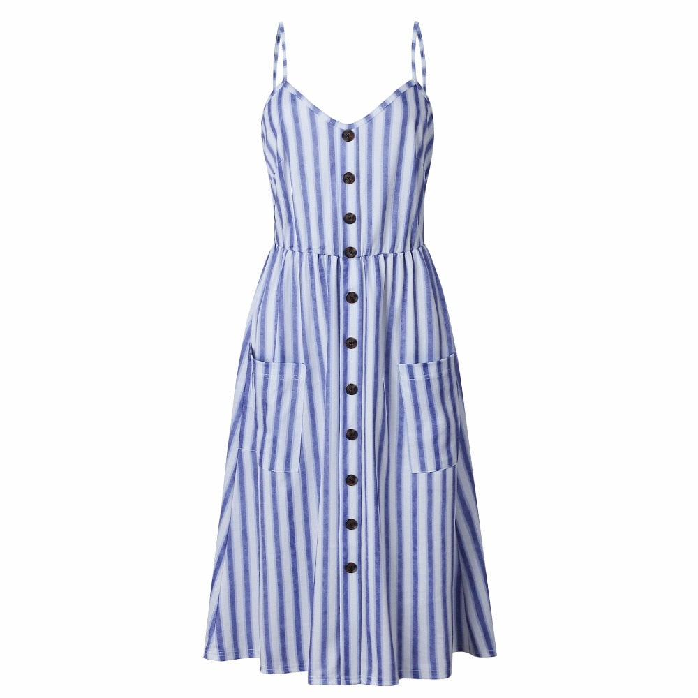 Vintage casual sundress by The Clothing Company Sydney featuring polka dots, stripes, floral print, midi length, backless design, perfect for summer.