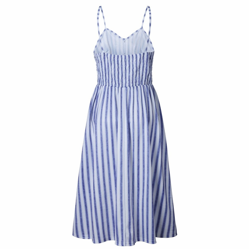 Vintage boho sundress by The Clothing Company Sydney featuring polka dots, stripes, floral details, midi length, backless, and button accents.