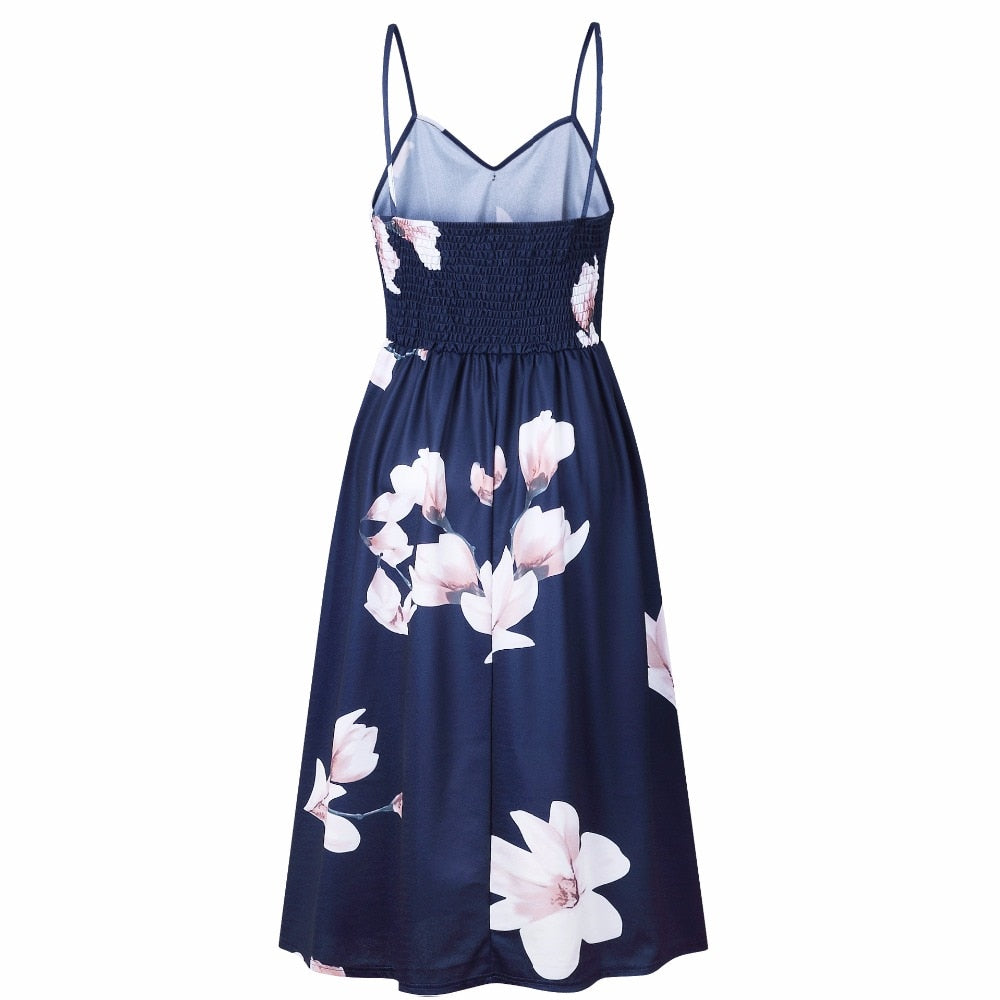Vintage casual sundress by The Clothing Company Sydney featuring polka dots, stripes, floral pattern, midi length, backless, and button details.