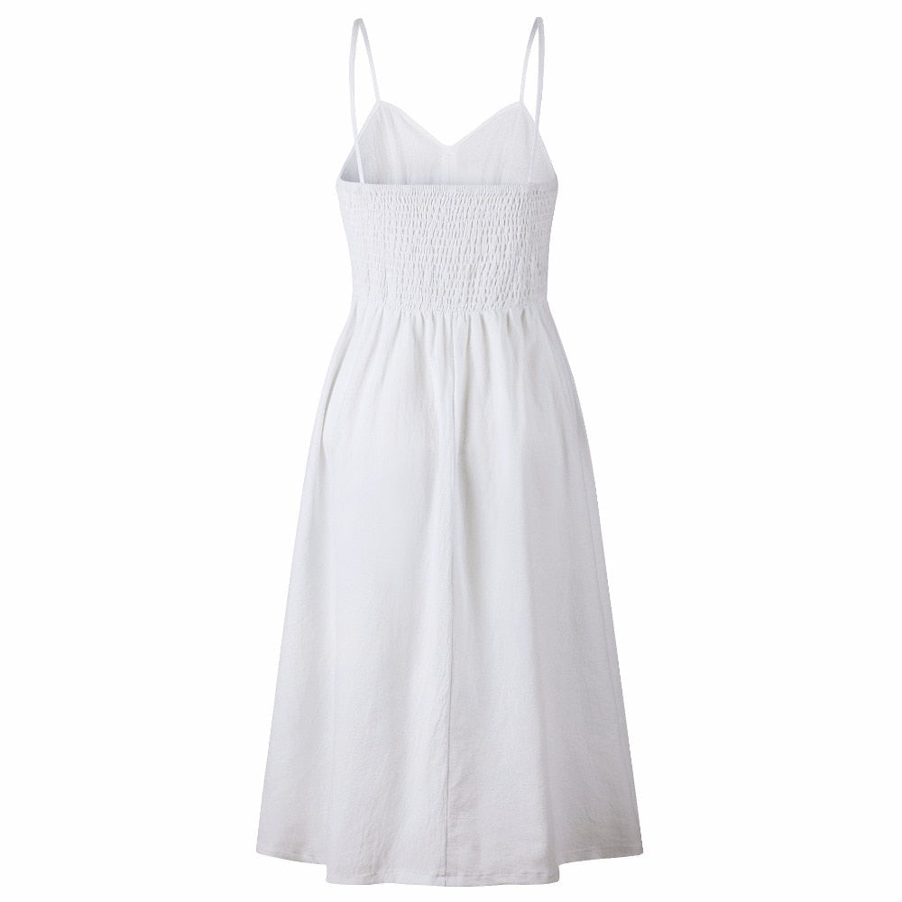 Vintage casual sundress by The Clothing Company Sydney featuring polka dots, stripes, floral patterns, midi length, backless, and button details.