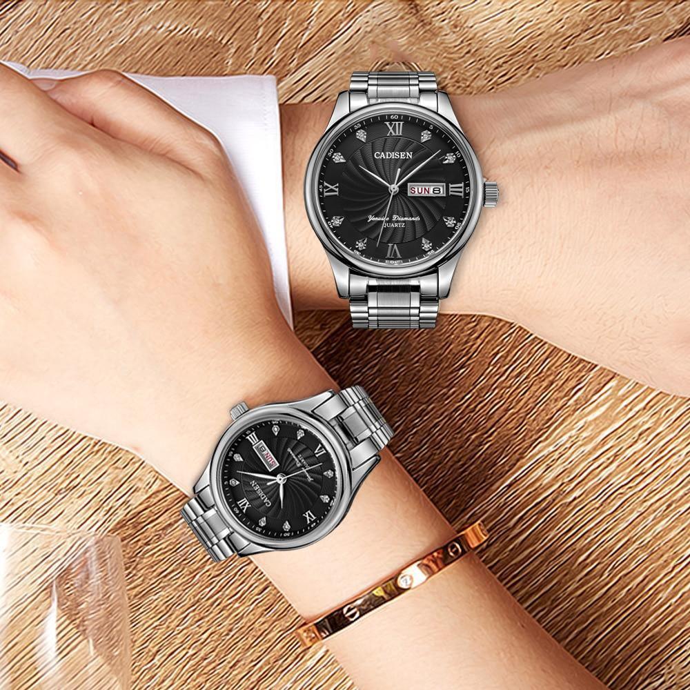 Two luxury couple watches from The Clothing Company Sydney, men's and ladies quartz dress wristwatch set, stylish and elegant.