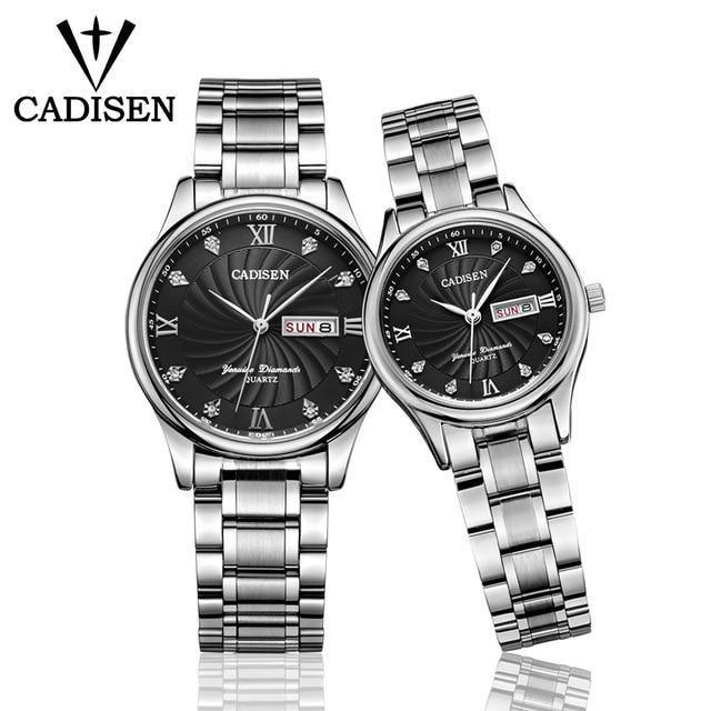 Two luxury couple watches from The Clothing Company Sydney featuring men's and ladies' quartz dress watches in a sleek design.