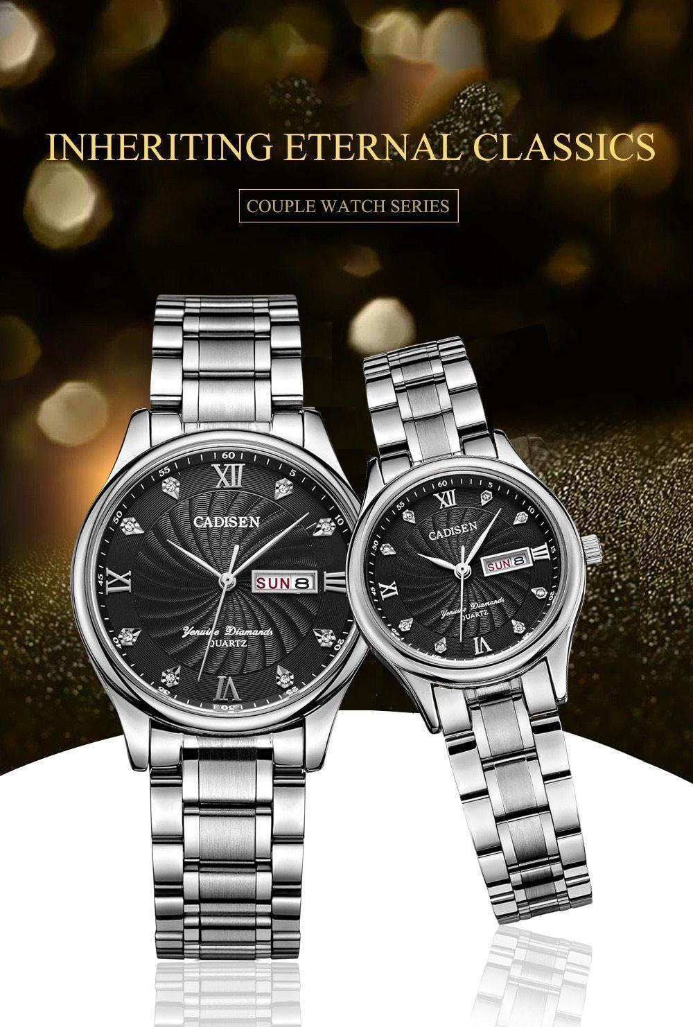 Pair of men's and ladies' quartz watches from The Clothing Company Sydney, featuring sleek, luxury dress wristwatch designs.