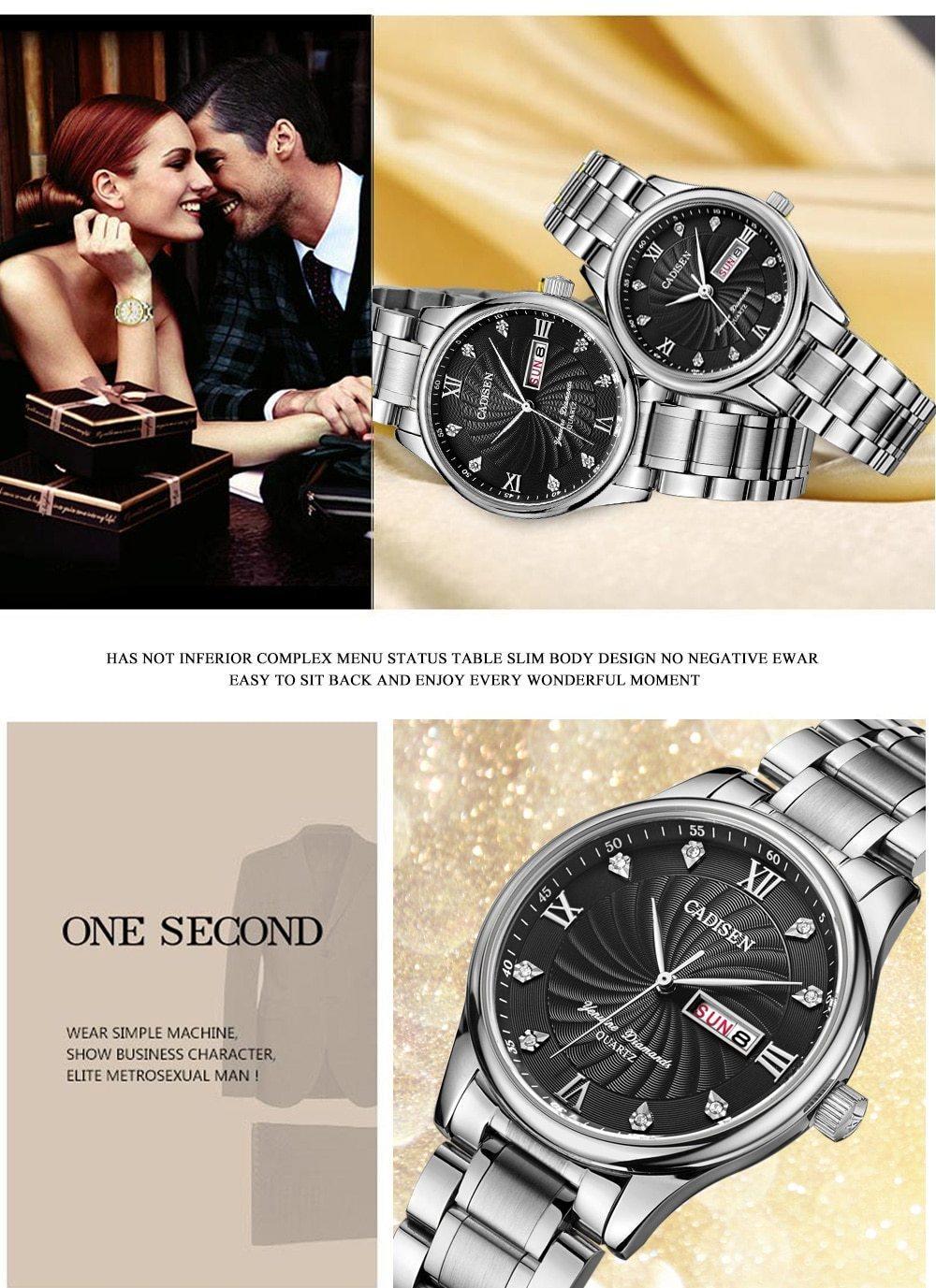 Two luxury men's and ladies' quartz watches from The Clothing Company Sydney, elegant dress wristwatch set.