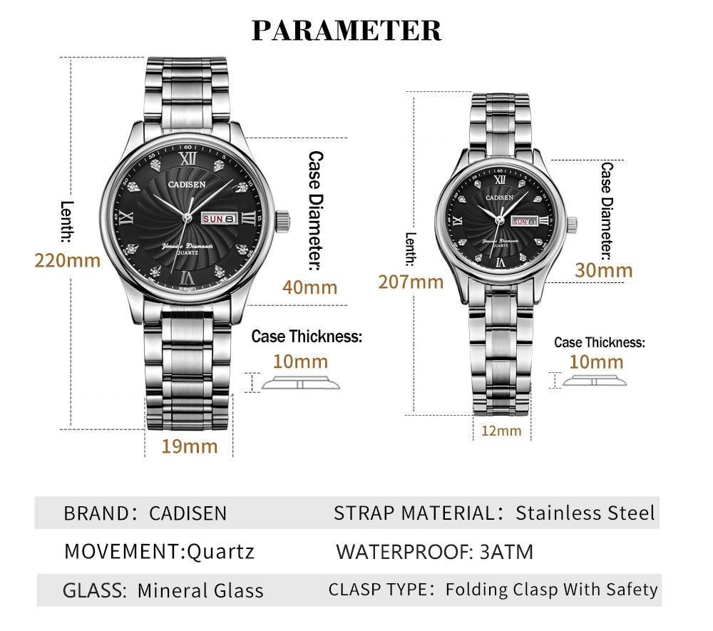 Pair of men's and ladies' quartz watches from The Clothing Company Sydney, featuring sleek luxury dress designs.