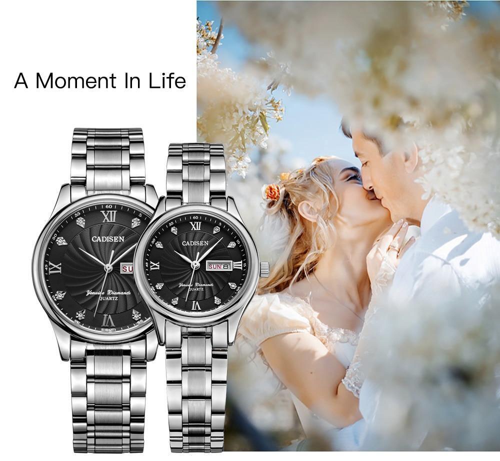Pair of men's and women's quartz watches by The Clothing Company Sydney, featuring sleek dress designs in a luxurious style.