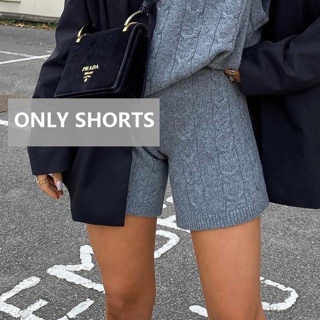 Sleeveless knitted sweater top and shorts mini set from The Clothing Company Sydney, casual autumn-winter two-piece outfit.