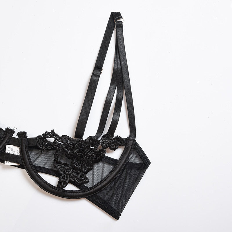Black 2-piece transparent lingerie set with hollow out bra and G-string, featuring briefs from The Clothing Company Sydney.