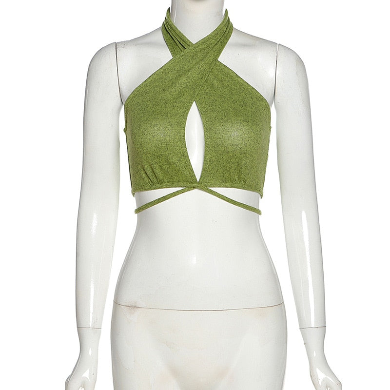 Black bandage halter crop top from The Clothing Company Sydney featuring a sleeveless, backless, wrap design for streetwear and club wear.