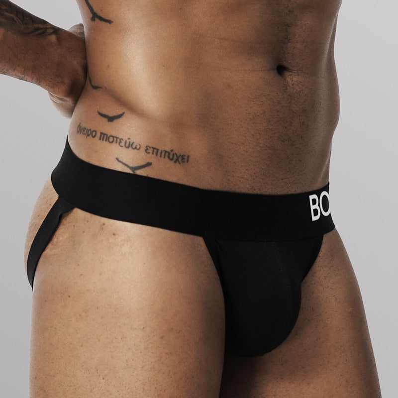 Cotton threadwork men's hip raise swim trunks with thong-style design, stylish jockstrap briefs by The Clothing Company Sydney.