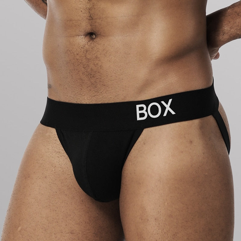Cotton threadwork hip-raise men's swim trunks by The Clothing Company Sydney, featuring a stylish thong jockstrap design.