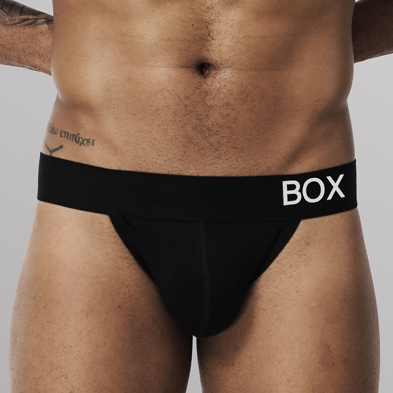 Cotton threadwork hip raise men's swim trunks with thong style jockstrap design from The Clothing Company Sydney.