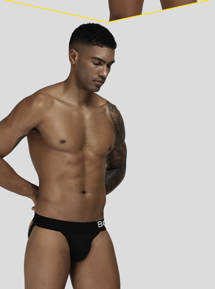 Cotton threadwork men's hip raise swim trunks by The Clothing Company Sydney, featuring a thong-style design and comfortable fit.