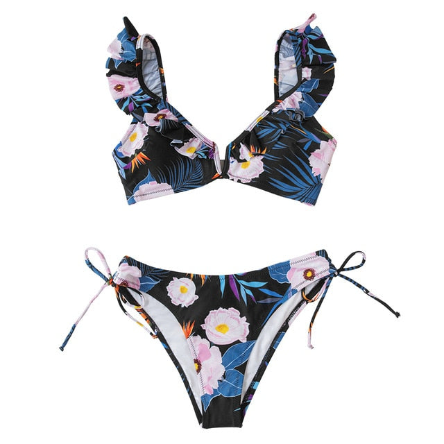 Black floral ruffled V-neck bikini set with lace-up front, two-piece swimsuit from The Clothing Company Sydney, ideal for beachwear.