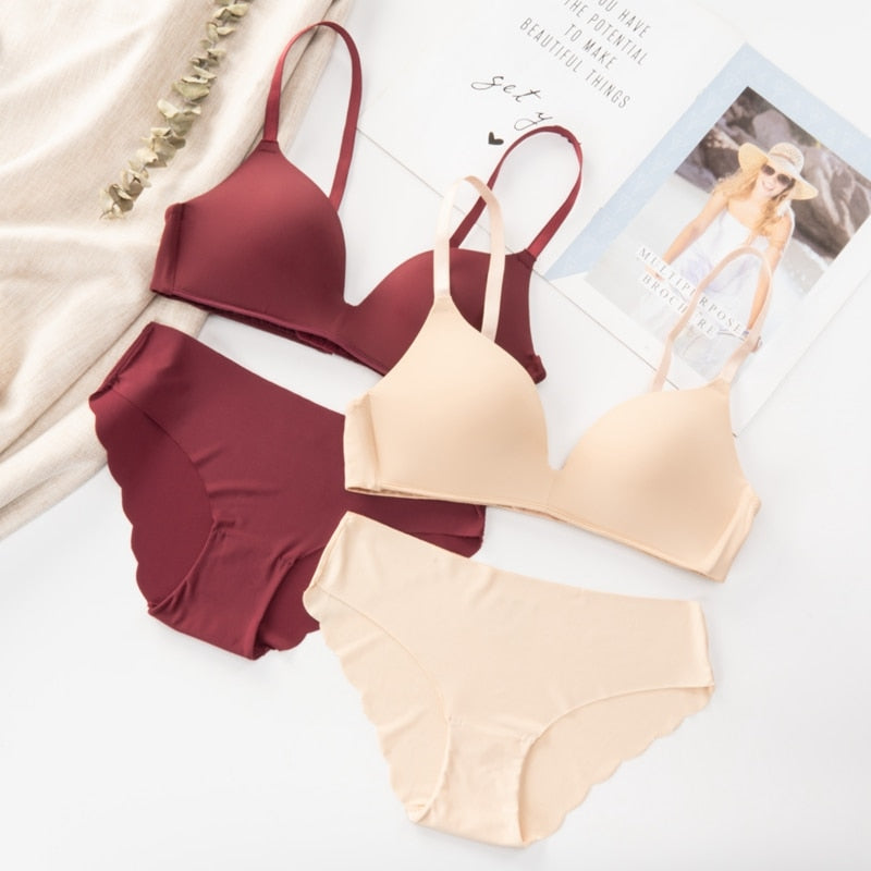 Two-piece seamless wireless bra and underwear set by The Clothing Company Sydney, featuring push-up cups and adjustable straps.