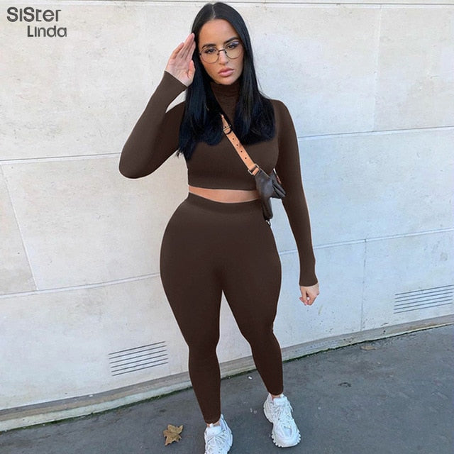 Two-piece sporty activewear set with fall long sleeve tops and leggings by The Clothing Company Sydney for workout and fitness.