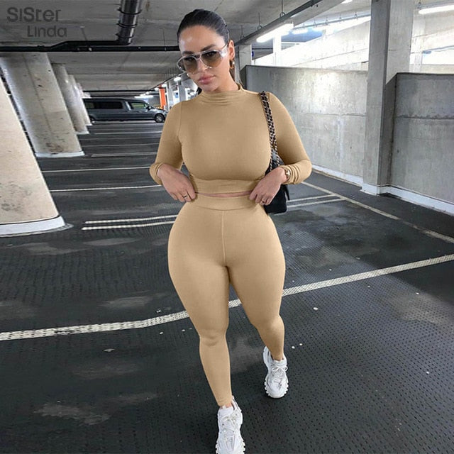 Two-piece sporty activewear set with long sleeve tops and leggings by The Clothing Company Sydney, perfect for fall workouts.