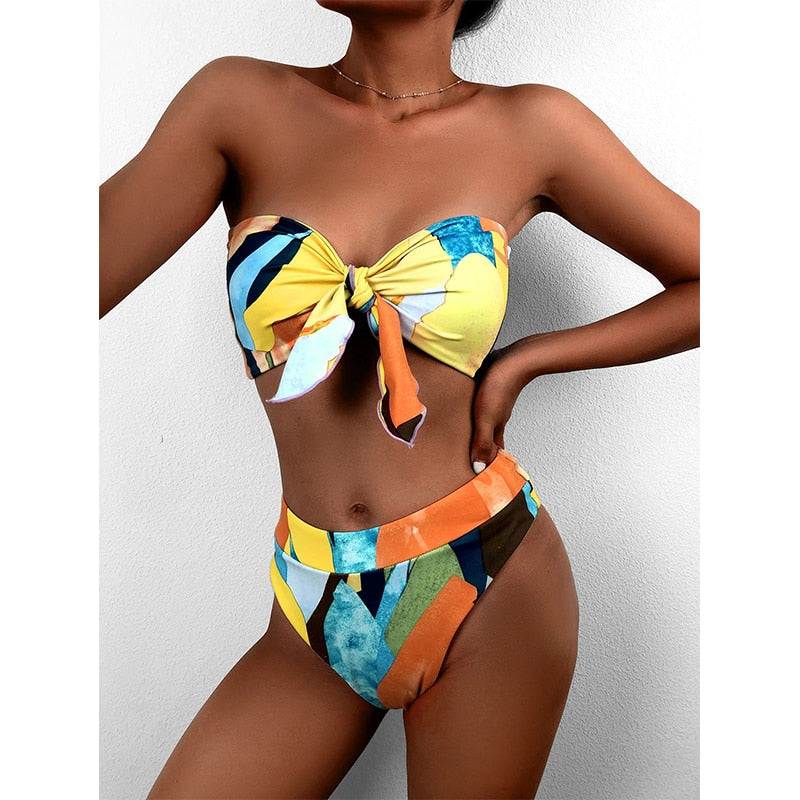 2 Piece Brazilian high waist bikini Bandeau knot swimsuit print swimwear bathing suit Beachwear The Clothing Company Sydney