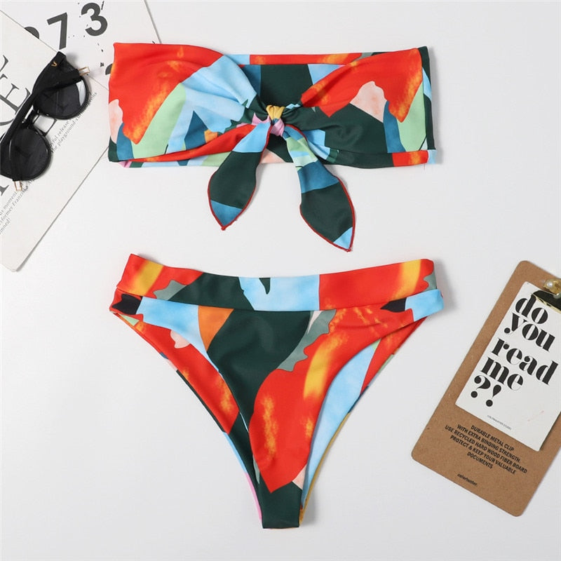 2 Piece Brazilian high waist bikini Bandeau knot swimsuit print swimwear bathing suit Beachwear The Clothing Company Sydney