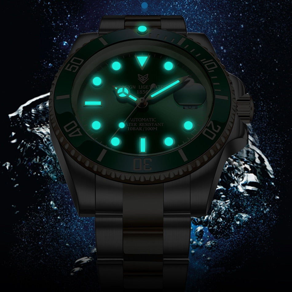 Men's automatic mechanical diving watch by The Clothing Company Sydney, waterproof 100ATM with luminous dial and sporty design.