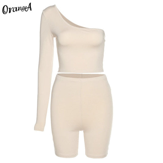 Solid Asymmetrical Two Piece One Shoulder Tracksuit Crop Tops+Elastic Bike Shorts Sporty Matching Suits Casual Outfit Set The Clothing Company Sydney