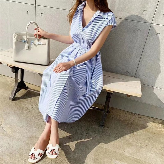 Multi-color sleeveless striped shirt dress by The Clothing Company Sydney, casual oversize style with lace-up front and long length.