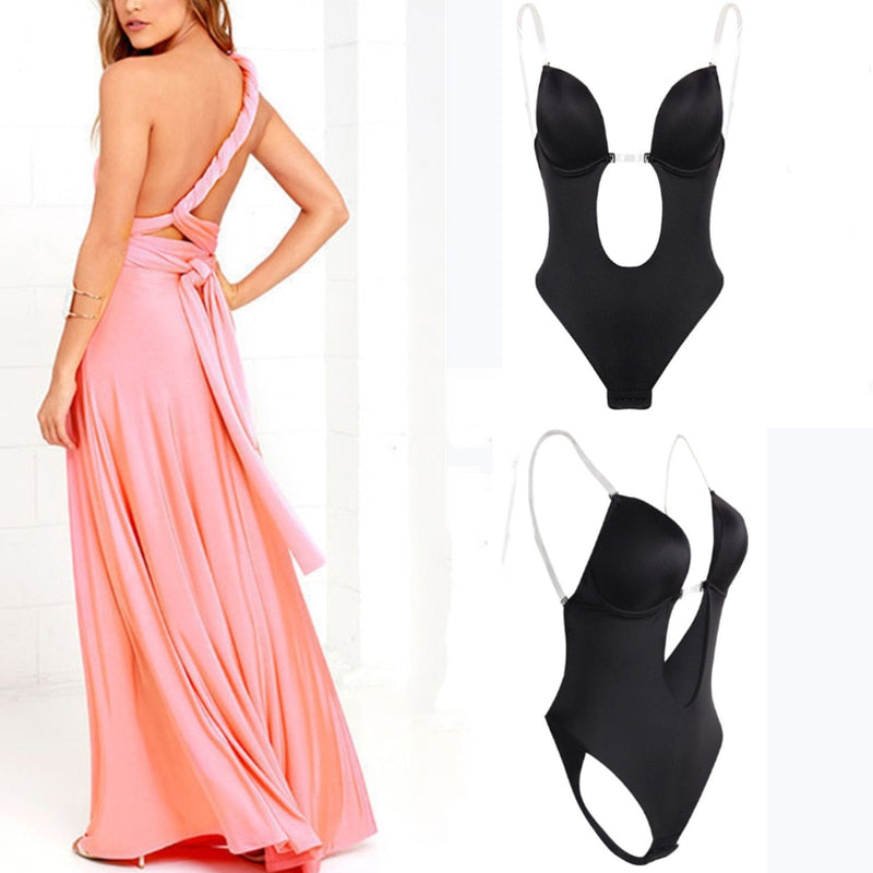 Full bodyshaper bra by The Clothing Company Sydney, backless, deep V, convertible thong shapewear with push-up support.