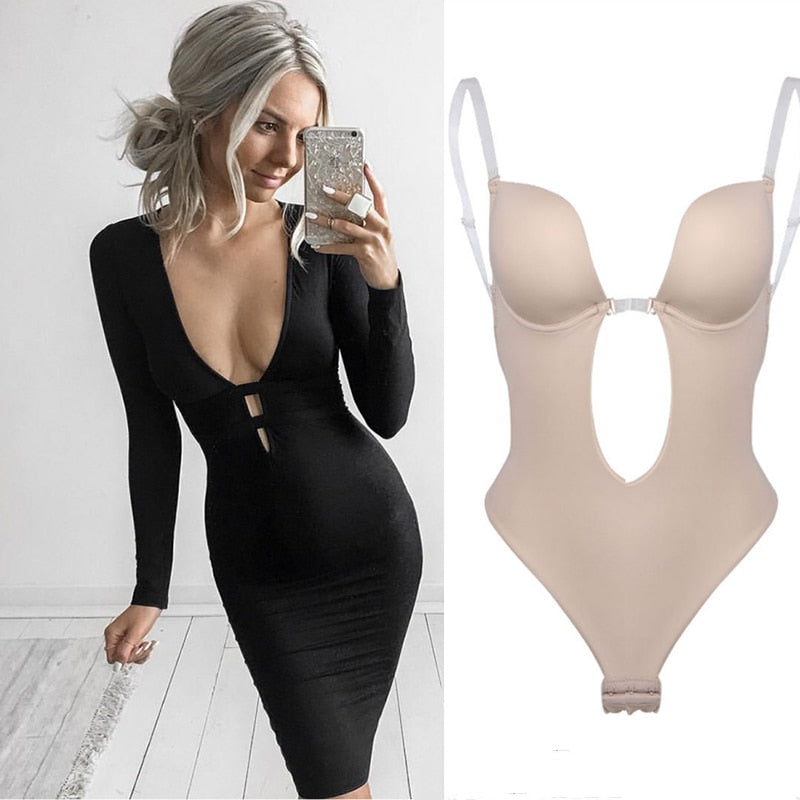 Full bodyshaper bra and thong shapewear by The Clothing Company Sydney, backless, deep V, convertible, invisible push-up bodysuit.