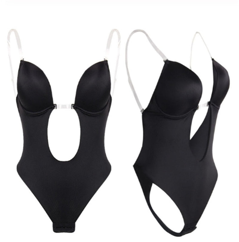 Full bodyshaper bra and thong shapewear by The Clothing Company Sydney featuring deep V, backless, invisible push-up bodysuit.