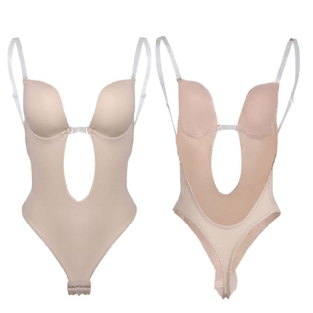 Full body shaper bra with deep V, thong shapewear, backless, invisible push-up underwear bodysuit by The Clothing Company Sydney.