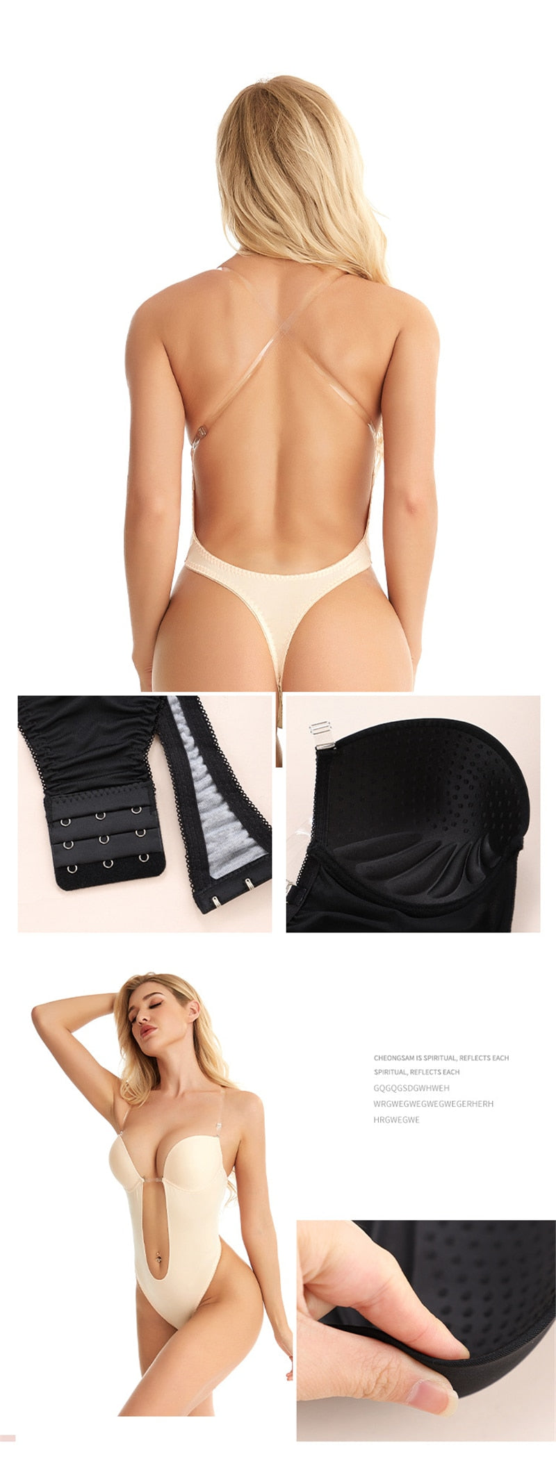Full bodyshaper bra and thong shapewear by The Clothing Company Sydney, featuring deep V neckline, backless design, and invisible push-up support.