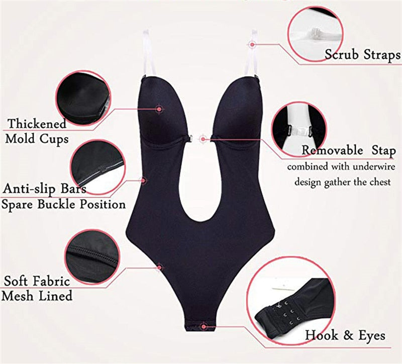 Full bodyshaper bra by The Clothing Company Sydney featuring deep V, convertible straps, thong style, backless, invisible push-up shapewear.
