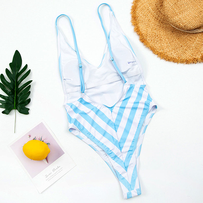 Backless striped one-piece swimsuit by The Clothing Company Sydney featuring a V-neck, high cut, and monokini design.