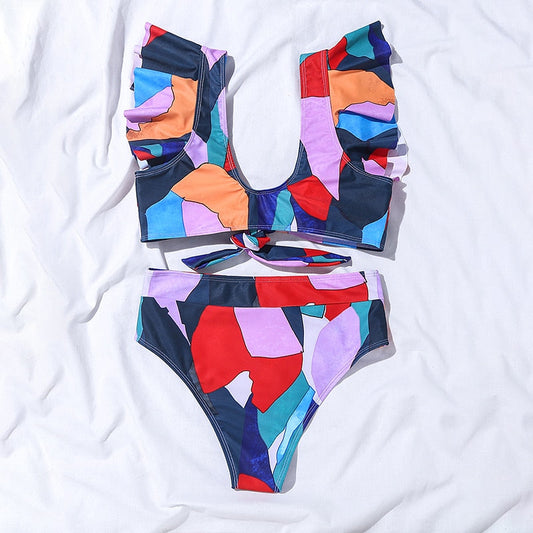 2 Piece Geometry print swimsuit Sexy ruffle bikini High waist swimwear Bandeau knot bathing suit Vintage beach wear The Clothing Company Sydney
