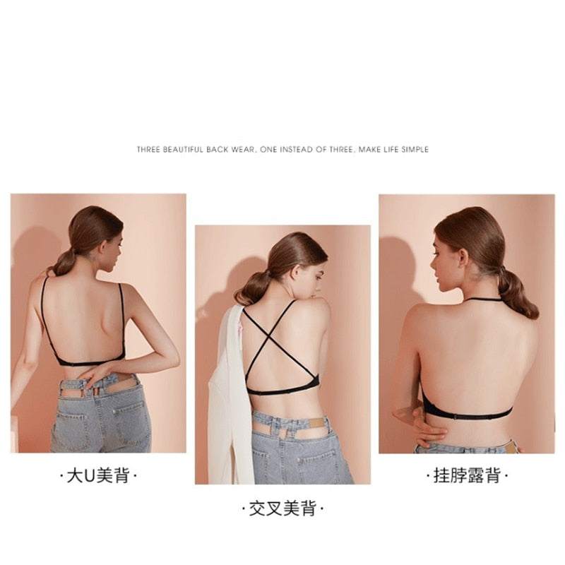 Backless wireless bralette from The Clothing Company Sydney featuring U-shape back, seamless design, and push-up gather detail.