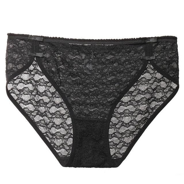 Two pairs of lace cotton crotch briefs from The Clothing Company Sydney featuring floral mesh lingerie panties.