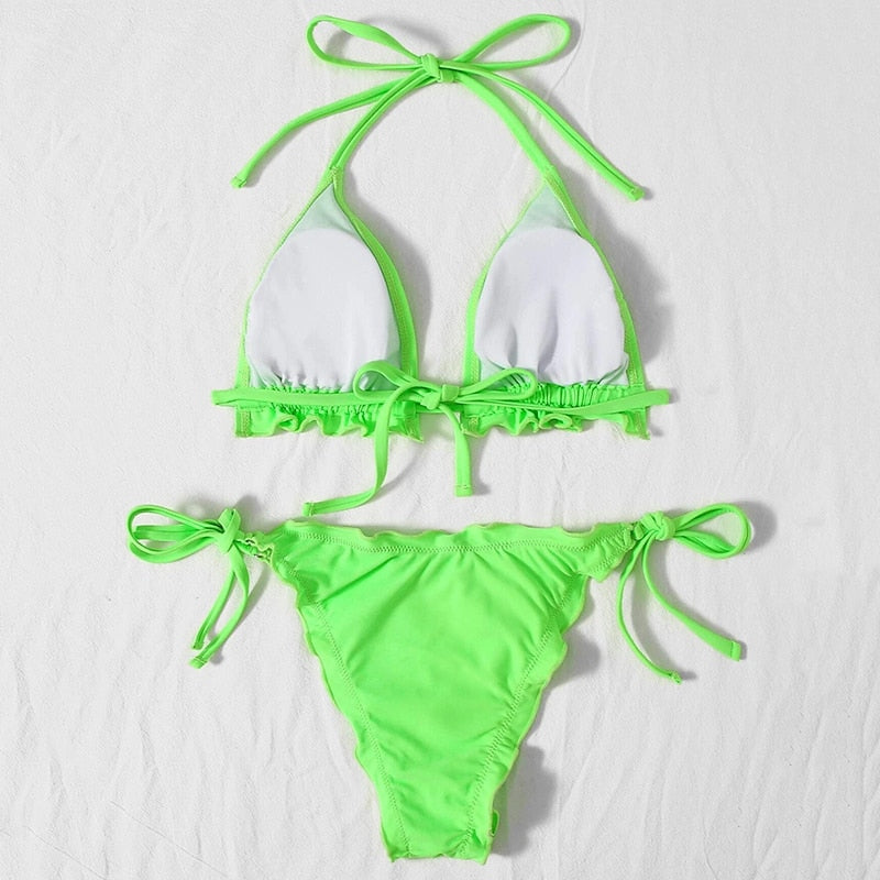 2 Piece Pink Ruffled Frilled Bikini swimsuit swimwear Two piece bikini set Halter Bather String bathing suit The Clothing Company Sydney