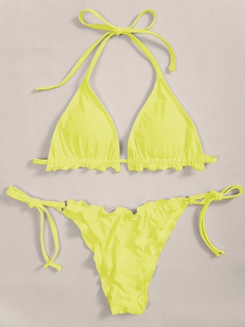 2 Piece Pink Ruffled Frilled Bikini swimsuit swimwear Two piece bikini set Halter Bather String bathing suit The Clothing Company Sydney