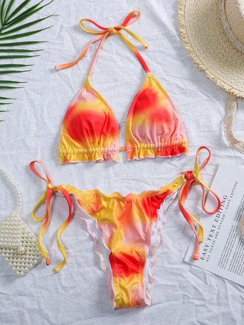 2 Piece Pink Ruffled Frilled Bikini swimsuit swimwear Two piece bikini set Halter Bather String bathing suit The Clothing Company Sydney