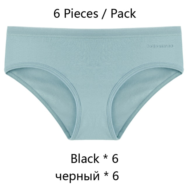 Six-pack women's cotton mix low-rise underwear by The Clothing Company Sydney, breathable seamless briefs in solid colors.