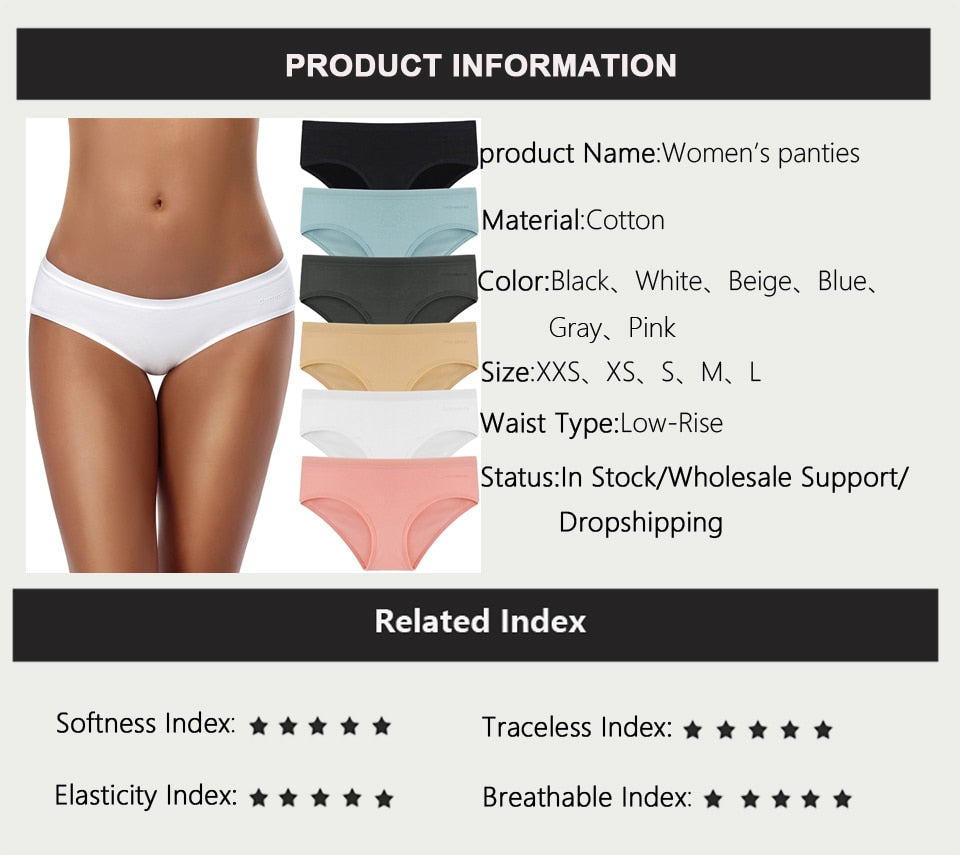 Six women's cotton mix low-rise briefs in solid colors, breathable seamless underwear by The Clothing Company Sydney.