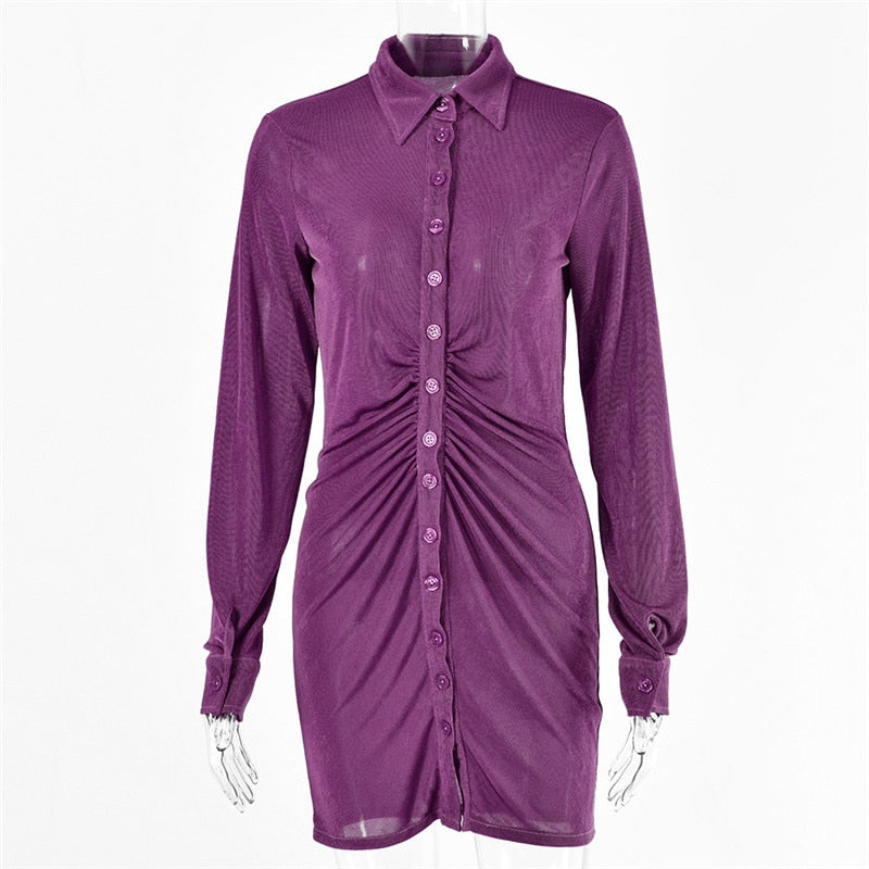 Autumn ruched long sleeve bodycon mini dress with turn-down collar and button details by The Clothing Company Sydney.