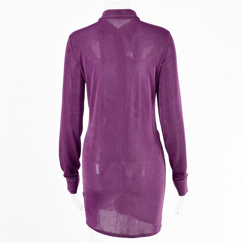 Autumn ruched long sleeve bodycon mini dress with turn-down collar and buttons from The Clothing Company Sydney.