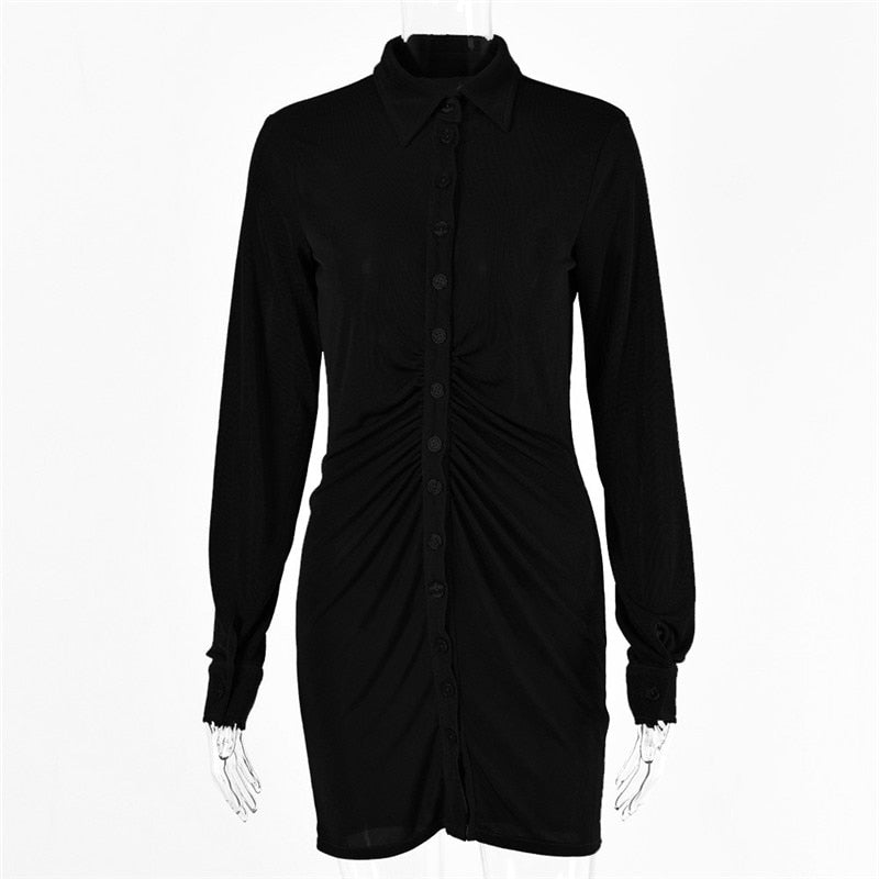 Autumn ruched long sleeve bodycon mini dress with turn-down collar and buttons, slim fit for party or casual wear by The Clothing Company Sydney