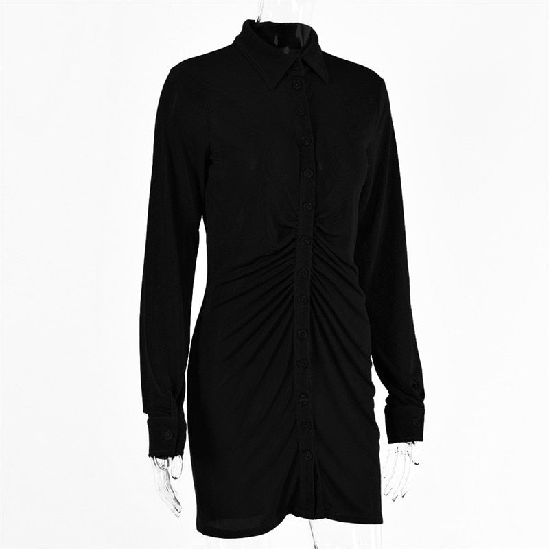 Autumn ruched long sleeve bodycon mini dress with turn-down collar and button details by The Clothing Company Sydney.