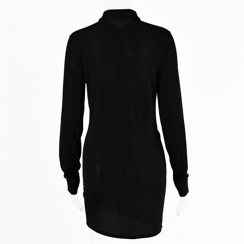 Autumn ruched long sleeve bodycon mini dress with turn-down collar and buttons, stylish party dress by The Clothing Company Sydney